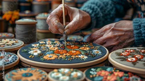 Close-up of hands meticulously painting intricate floral designs on embroidery hoops. Art, craftsmanship, and creativity on display. photo