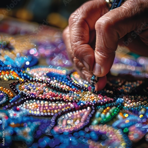 Close-up of hands applying decorative beads to colorful fabric, showcasing detailed craftsmanship and intricate beadwork artistry.