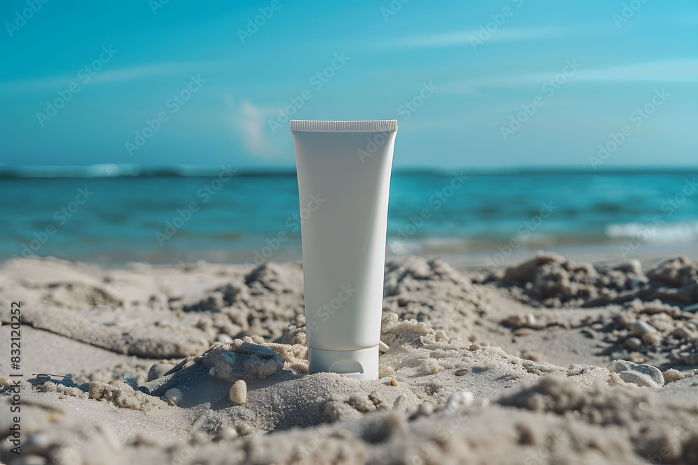 A tube of sunscreen lying on a sandy beach, ready to protect against sunburn on a sunny day A tube of sunscreen lying on a sandy beach, ready to protect against sunburn on a sunny day