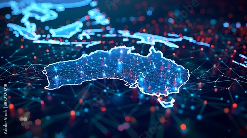 A glowing blue map of Australia made of tiny dots. photo
