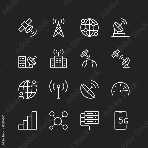 Telecommunications, network icons, white lines on black background. Information transmission, phones, satellites, antennas. Modern technologies. Customizable line thickness