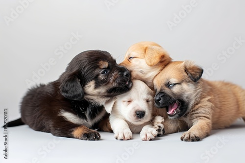A litter of playful puppies playing with each othe dog, cat, puppy, pet, white, animal, isolated, dogs, cute, group, kitten, chihuahua, sitting, studio, two, canine, portrait, pets, together, purebred © jinna