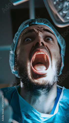 A man in a surgical gown is shown screaming with his mouth wide open