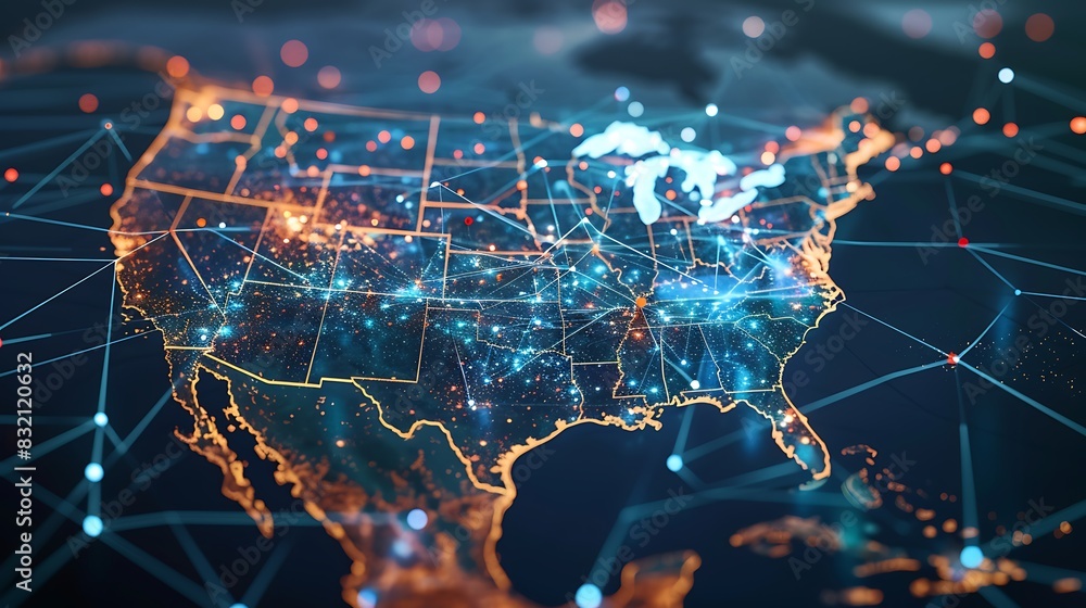 Abstract image of United States of America. Glowing orange and blue dots and lines on dark blue background. Abstract image of United States of America. Glowing orange and blue dots and lines on dark blue background.