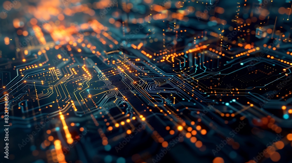 Abstract technology background. Glowing orange and yellow lights on a dark blue background. Abstract technology background. Glowing orange and yellow lights on a dark blue background.