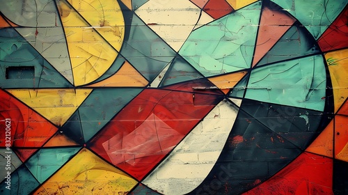 An abstract graffiti wall with a pattern of morphing geometric shapes