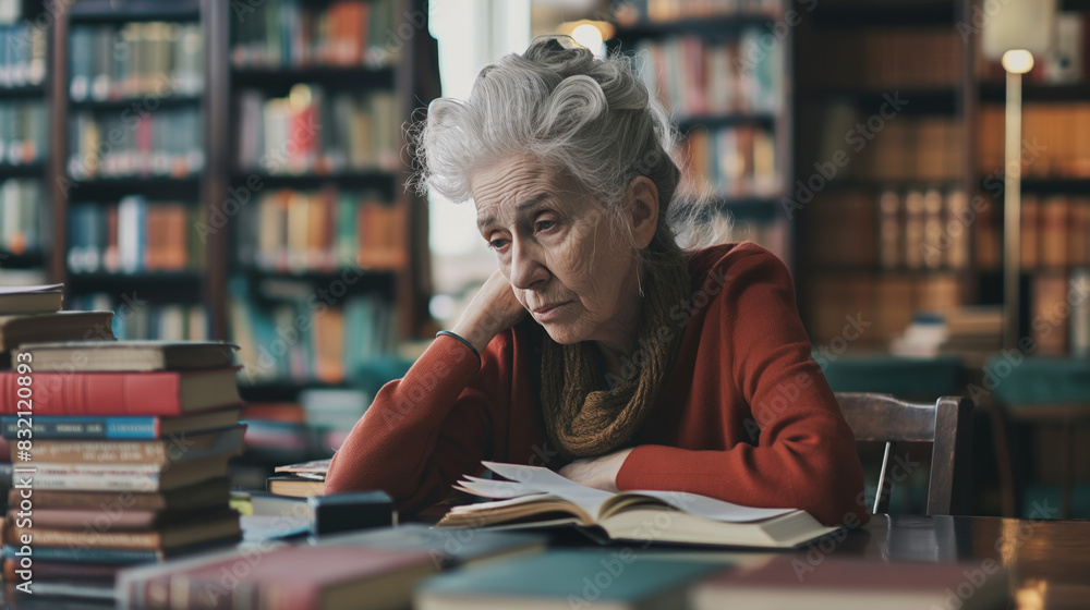 With a thoughtful expression, an aged woman studies surrounded by books, evoking themes of lifelong learning and wisdom With a thoughtful expression, an aged woman studies surrounded by books, evoking themes of lifelong learning and wisdom