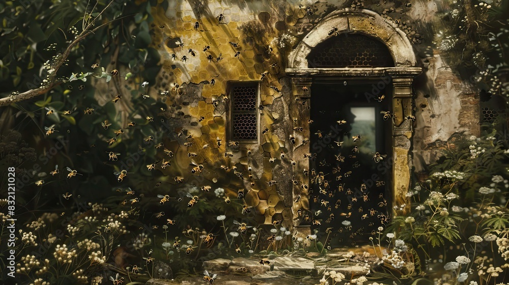 Beehive entrance with bees flying in and out, honey cells, bees at work. Pollination, honeybee, apis, apiary, nature, beekeeping, agriculture, bee house, domestic bees, honey. Generative by AI. Beehive entrance with bees flying in and out, honey cells, bees at work. Pollination, honeybee, apis, apiary, nature, beekeeping, agriculture, bee house, domestic bees, honey. Generative by AI.