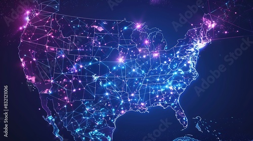 Map of United States of America with glowing dots representing cities. photo