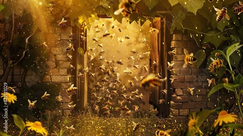 Beehive entrance with bees flying in and out, honey cells, bees at work. Pollination, honeybee, apis, apiary, nature, beekeeping, agriculture, bee house, domestic bees, honey. Generative by AI.