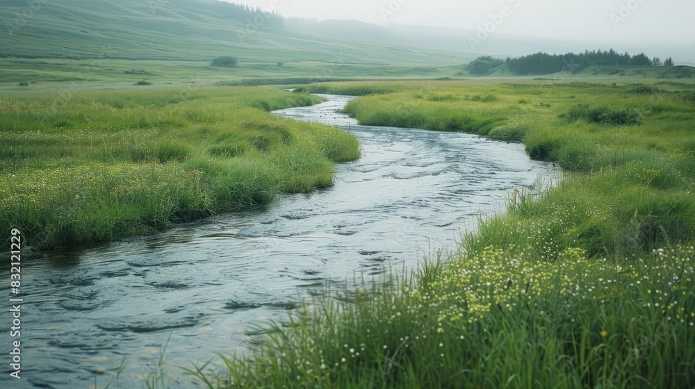 Morning landscape, a vast meadow with calm river among lush grass Morning landscape, a vast meadow with calm river among lush grass