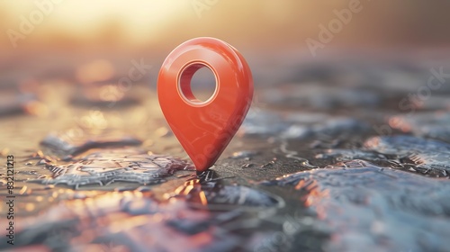 A red map pointer icon on a reflective surface. The background is blurred, and the pointer is in focus.