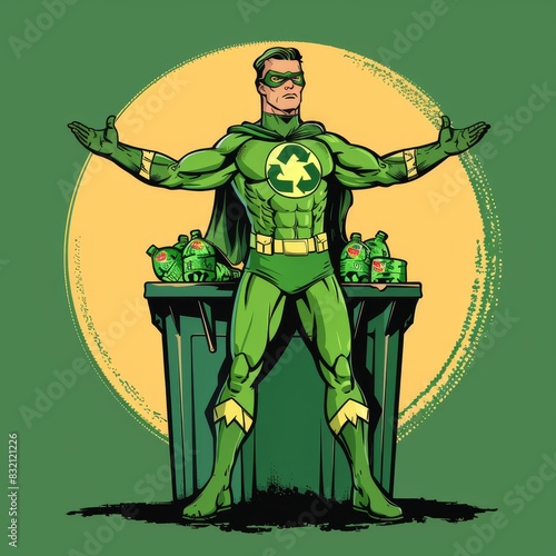 Illustration of a green superhero standing with arms outstretched, advocating for recycling, with bins and bottles in the background.
