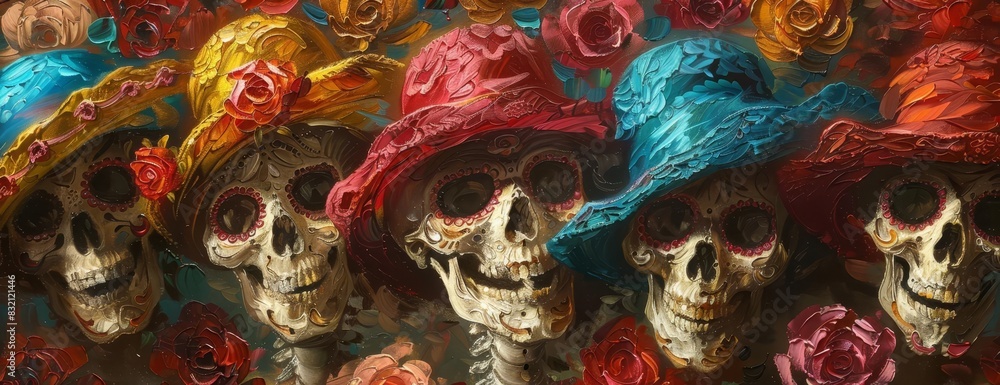 Top-down view of skulls dressed in bright Top-down view of skulls dressed in bright
