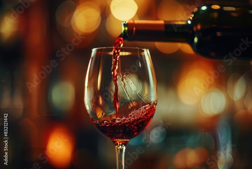 Wine Glass Bottle. Pouring Bordeaux Wine into Glass at Bar, Closeup Shot with Blurred Background