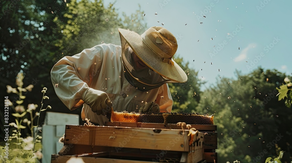 Beekeeper collects golden honey from frames in a hive. Home production, beauty of nature, apiary, freshly collected honey, beekeeping, agriculture, protective suit, village. Generative by AI. Beekeeper collects golden honey from frames in a hive. Home production, beauty of nature, apiary, freshly collected honey, beekeeping, agriculture, protective suit, village. Generative by AI.