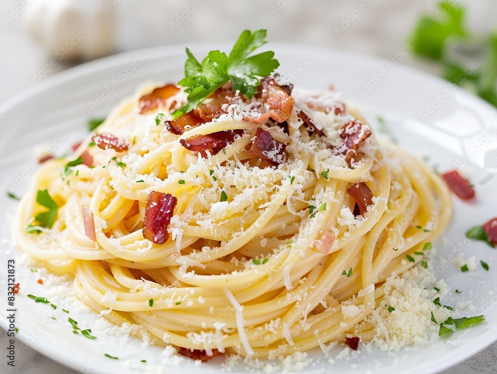 A hearty serving of spaghetti carbonara with crisp spaghetti, pasta, food, italian, tomato, sauce, meal, plate, dinner, dish, cuisine, bolognese, basil, meat, lunch, cheese, cooking, healthy, deliciou A hearty serving of spaghetti carbonara with crisp spaghetti, pasta, food, italian, tomato, sauce, meal, plate, dinner, dish, cuisine, bolognese, basil, meat, lunch, cheese, cooking, healthy, deliciou
