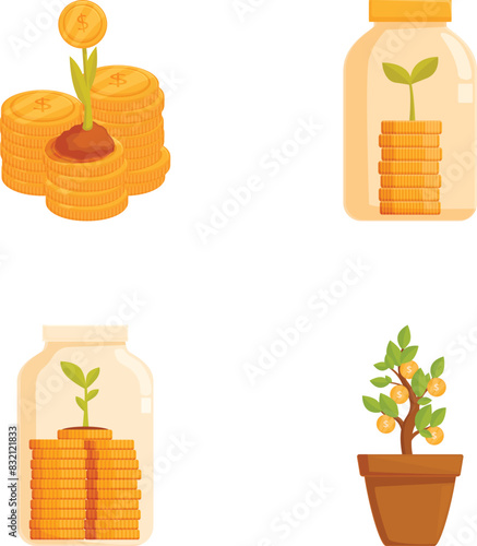 Financial investment growth and wealth accumulation concept icons illustration with currency, money, savings, profit, and economic elements vector illustration