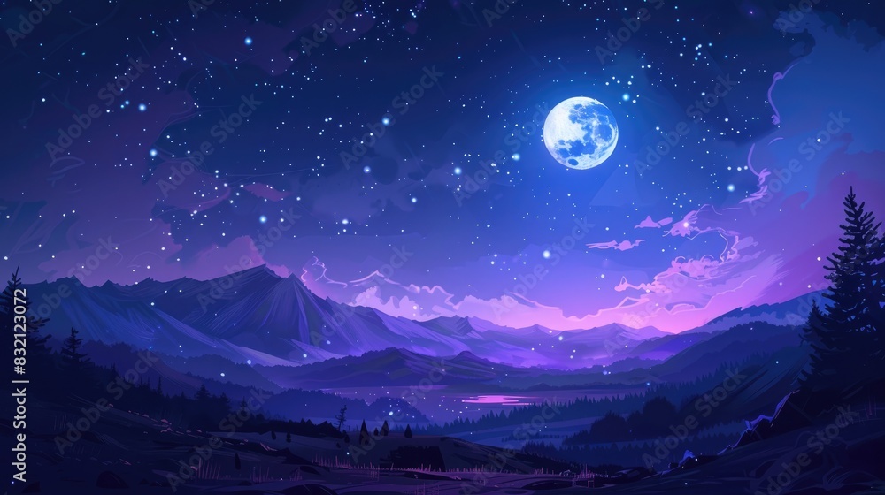 A captivating night sky with a bright full moon and countless stars, casting a gentle glow on the landscape below A captivating night sky with a bright full moon and countless stars, casting a gentle glow on the landscape below