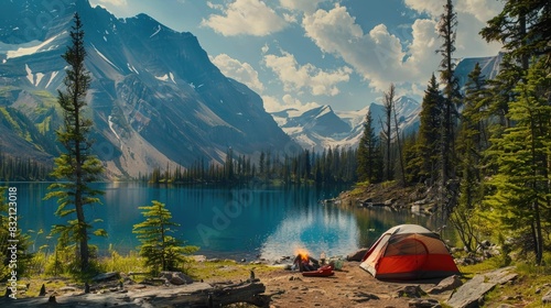 Travel and camping adventure lifestyle with outdoor tent. Springtime camping beside the lake and mountain photo