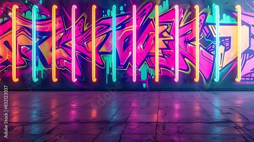 An abstract graffiti wall with a pattern of glowing neon tubes