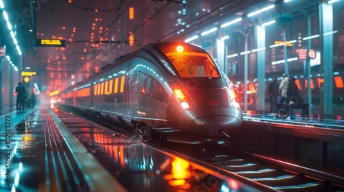 A futuristic, neon-illuminated train station, with sleek, high-speed trains arriving and departing photo