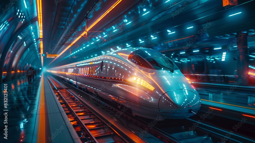 A futuristic, neon-illuminated train station, with sleek, high-speed trains arriving and departing A futuristic, neon-illuminated train station, with sleek, high-speed trains arriving and departing