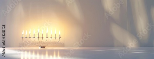 Lit menorah with glowing candles on a white background. photo
