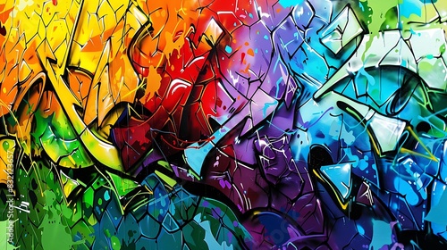 An abstract graffiti wall with a shattered glass effect in rainbow colors