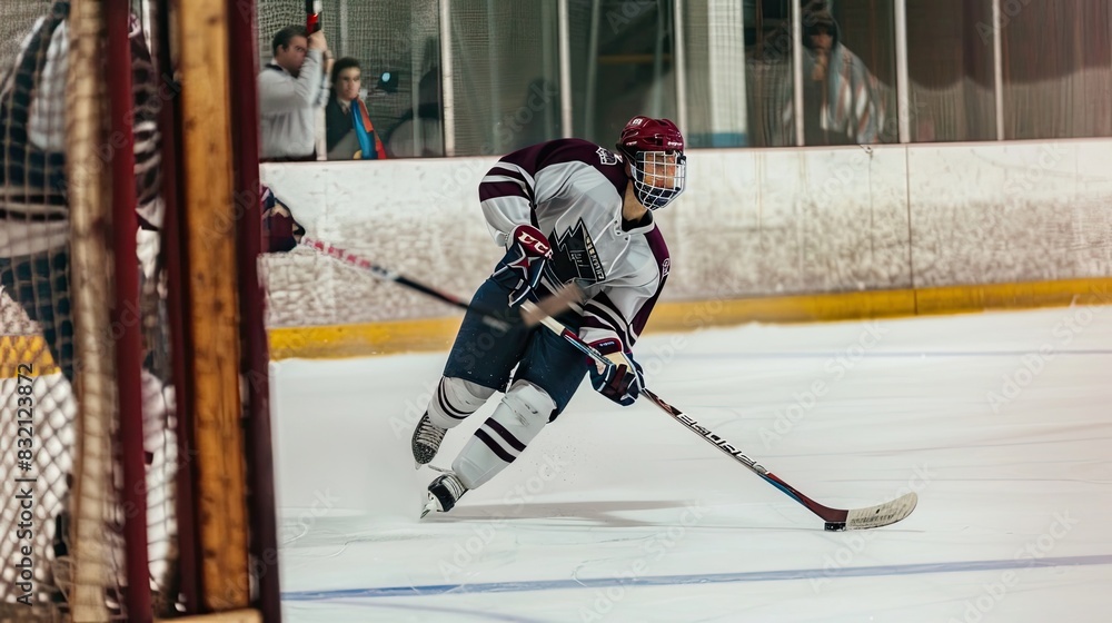 Obraz premium Hockey player at goal is waiting for pass with goal of scoring. Competition, hockey, ice rink, collision, realistic style, puck, stick, traumatic sport, rivalry, match. Generative by AI.