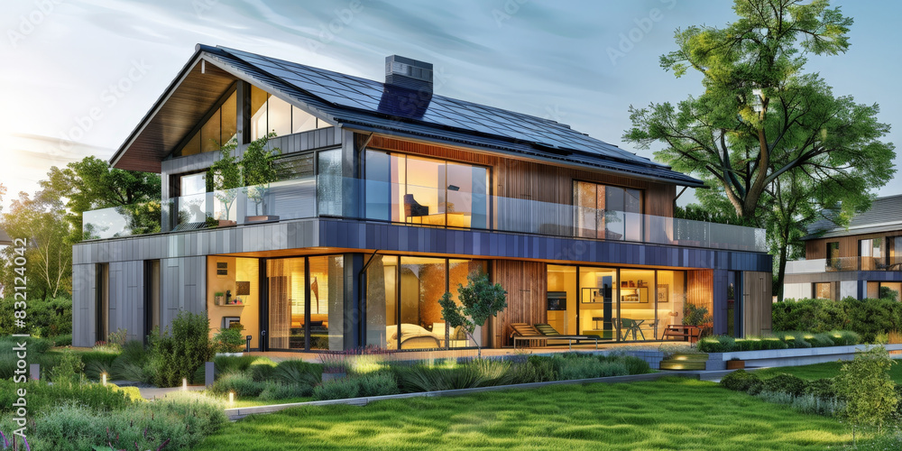 Modern sustainable house with solar panels on the roof in a lush green garden under a clear blue sky
Modern sustainable house with solar panels on the roof in a lush green garden under a clear blue sky