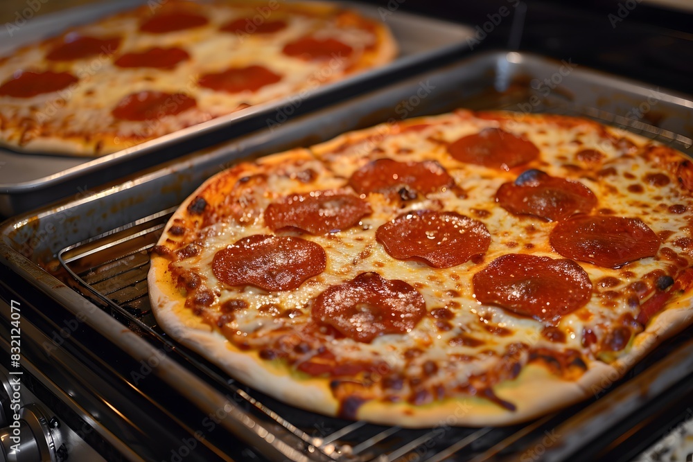Baking homemade salami pizza.
Baking homemade salami pizza.