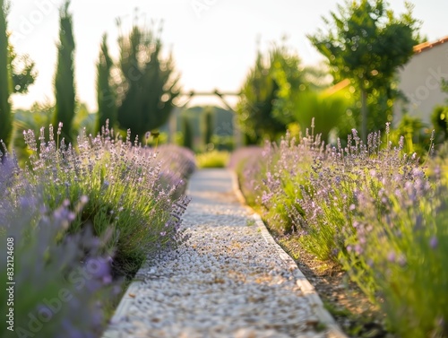 A serene garden with rows of lavender bushes emitt nature, grass, flower, path, garden, landscape, road, plant, tree, flowers, summer, field, spring, park, forest, blossom, meadow, purple, beauty, bus photo