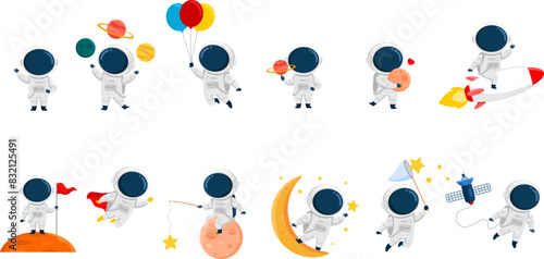 Cute Astronaut Cartoon Character. Vector Flat Design Collection Set Isolated On Transparent Background