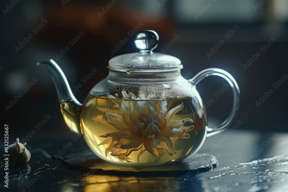 A delicate glass teapot infused with blooming jasmine tea on a simple, matte black surface with soft backlighting. A delicate glass teapot infused with blooming jasmine tea on a simple, matte black surface with soft backlighting.