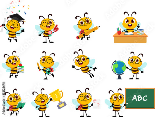 Cute School Bee Cartoon Character. Vector Flat Design Collection Set Isolated On Transparent Background