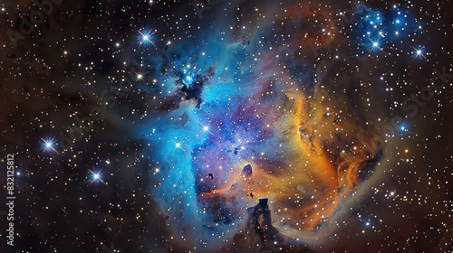 A close-up of a colorful nebula in the night sky, surrounded by countless sparkling stars