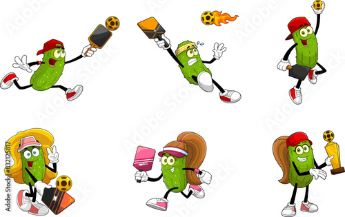 Pickle Cartoon Characters Playing Pickleball. Vector Hand Drawn Collection Set Isolated On Transparent Background