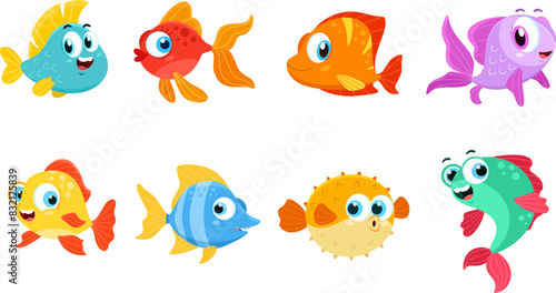 Cute Sea Fish Cartoon Character. Vector Flat Design Collection Set Isolated On Transparent Background © HitToon.com