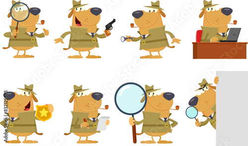 Funny Detective Dog Cartoon Character. Vector Flat Design Collection Set Isolated On Transparent Background