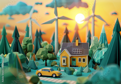 paper art of green energy, wind turbines and sun with forest in the background, photo