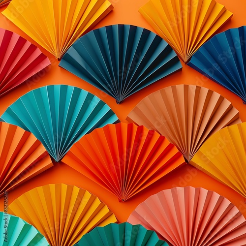 Background picture showcasing a vibrant origami fan design made with colorful patterns.
