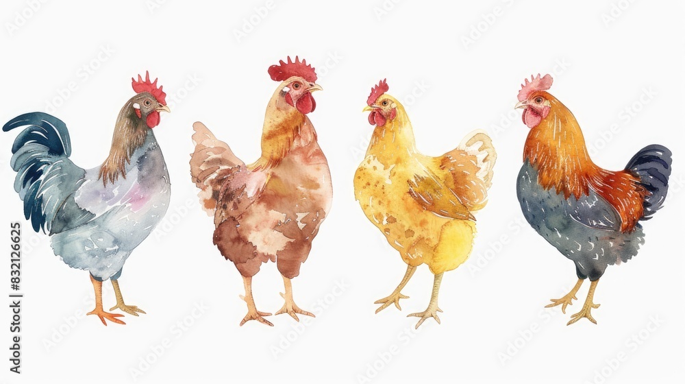 Fototapeta premium Adorable Watercolor Collection of Chickens