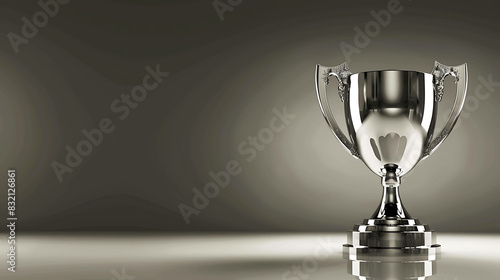 3D rendering of a silver trophy on a reflective surface. The trophy is made of metal and has a shiny surface.