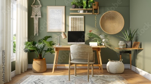 A cozy home office with a wooden desk, earth-tone accessories, and green plants adding a touch of nature