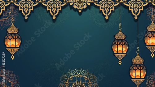 A beautiful and intricate Arabic-inspired design featuring delicate golden lanterns and hanging ornaments against a rich dark background.