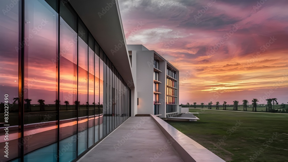 Obraz premium A contemporary hotel with reflective glass walls capturing the vivid colors of the sunset