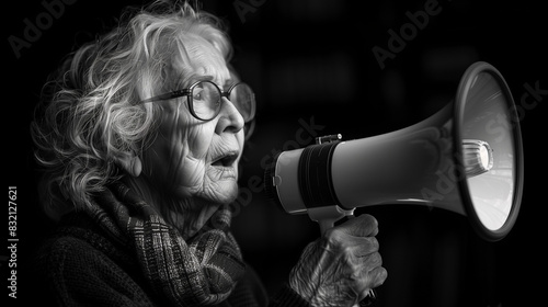 old woman with megaphone, a...