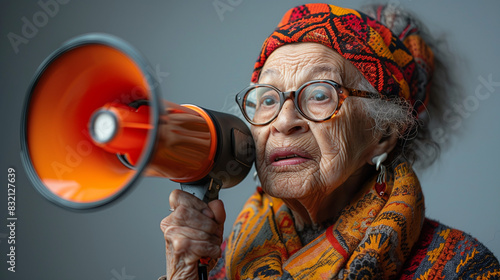old woman with megaphone, a...