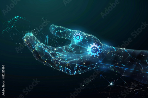 Abstract digital hand with glowing cogwheels and low-poly design photo